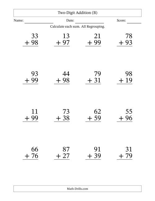 The Two-Digit Addition With All Regrouping – 16 Questions – Large Print (B) Math Worksheet