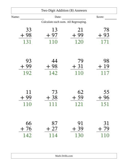 The Two-Digit Addition With All Regrouping – 16 Questions – Large Print (B) Math Worksheet Page 2
