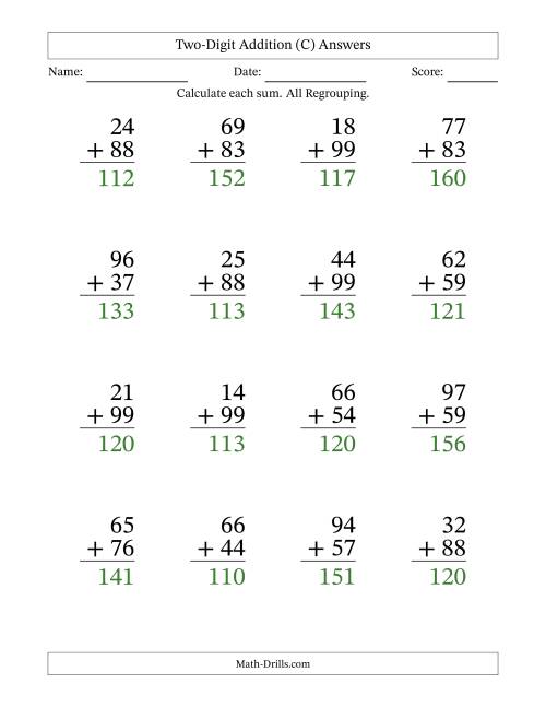 The Two-Digit Addition With All Regrouping – 16 Questions – Large Print (C) Math Worksheet Page 2