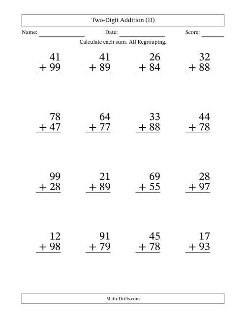 The Two-Digit Addition With All Regrouping – 16 Questions – Large Print (D) Math Worksheet