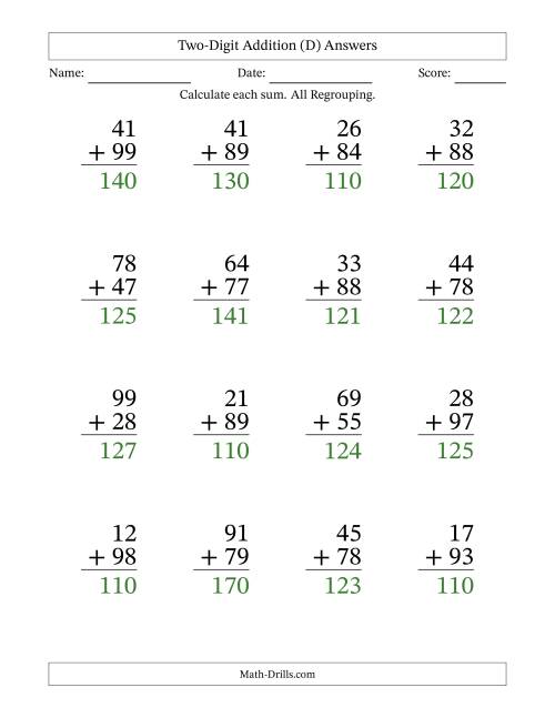 The Two-Digit Addition With All Regrouping – 16 Questions – Large Print (D) Math Worksheet Page 2