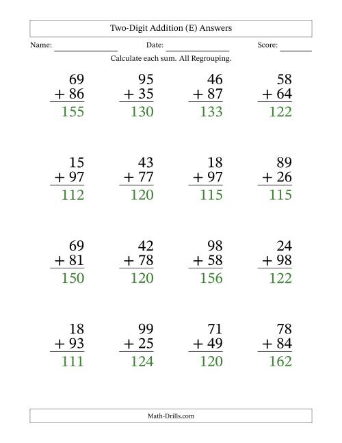 The Two-Digit Addition With All Regrouping – 16 Questions – Large Print (E) Math Worksheet Page 2