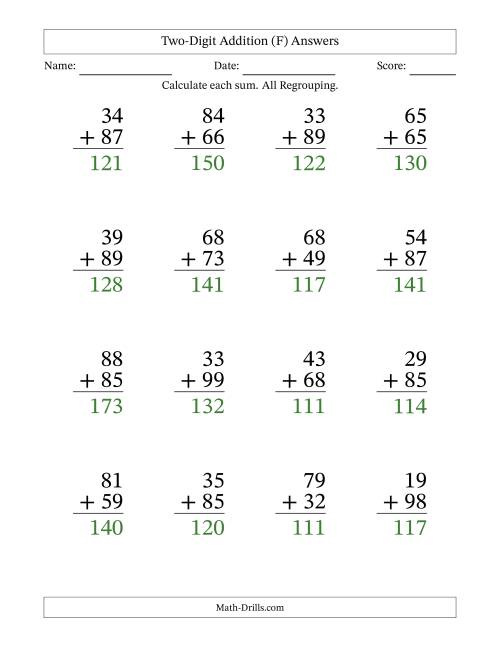 The Two-Digit Addition With All Regrouping – 16 Questions – Large Print (F) Math Worksheet Page 2