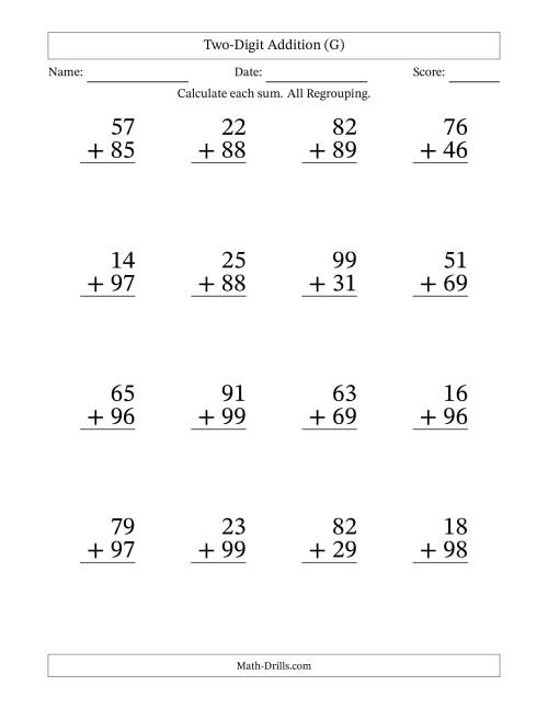 The Two-Digit Addition With All Regrouping – 16 Questions – Large Print (G) Math Worksheet