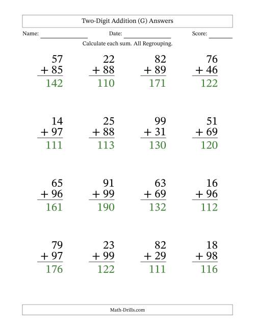 The Two-Digit Addition With All Regrouping – 16 Questions – Large Print (G) Math Worksheet Page 2