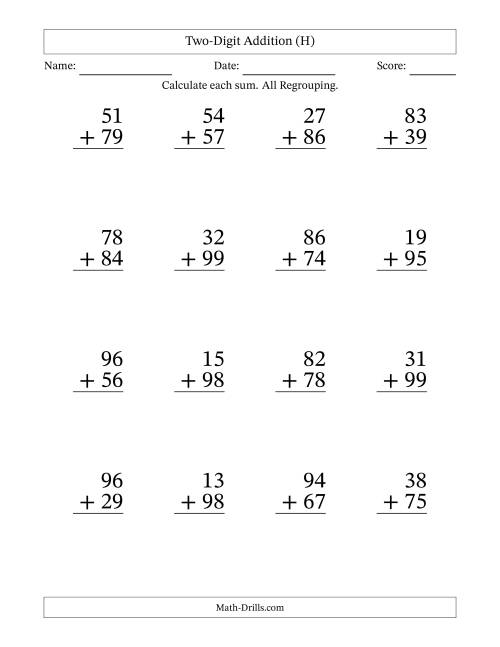 The Two-Digit Addition With All Regrouping – 16 Questions – Large Print (H) Math Worksheet