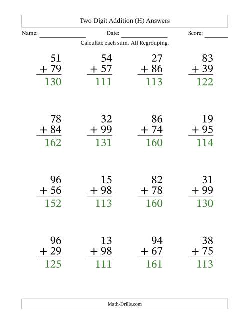 The Two-Digit Addition With All Regrouping – 16 Questions – Large Print (H) Math Worksheet Page 2