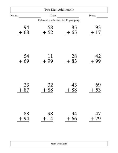 The Two-Digit Addition With All Regrouping – 16 Questions – Large Print (I) Math Worksheet