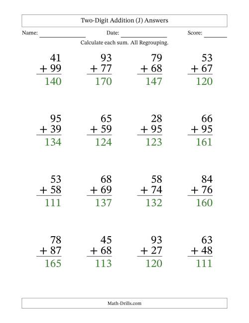 The Two-Digit Addition With All Regrouping – 16 Questions – Large Print (J) Math Worksheet Page 2