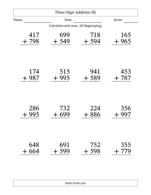 The Three-Digit Addition With All Regrouping – 16 Questions – Large Print (B) Math Worksheet