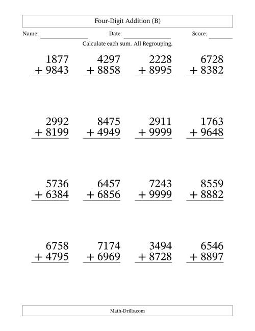 The Four-Digit Addition With All Regrouping – 16 Questions – Large Print (B) Math Worksheet