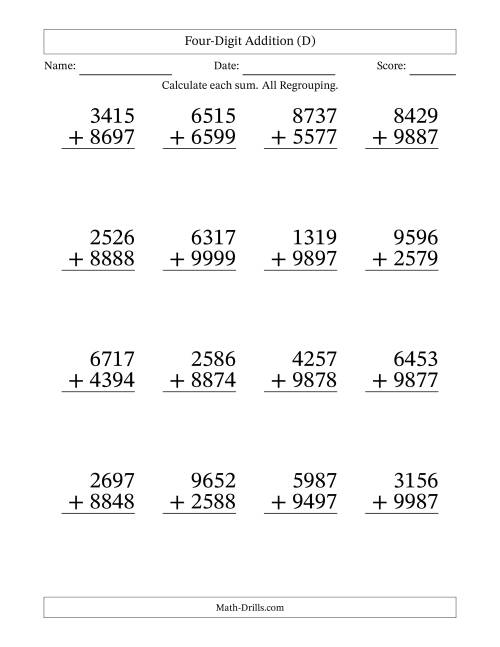 The Four-Digit Addition With All Regrouping – 16 Questions – Large Print (D) Math Worksheet