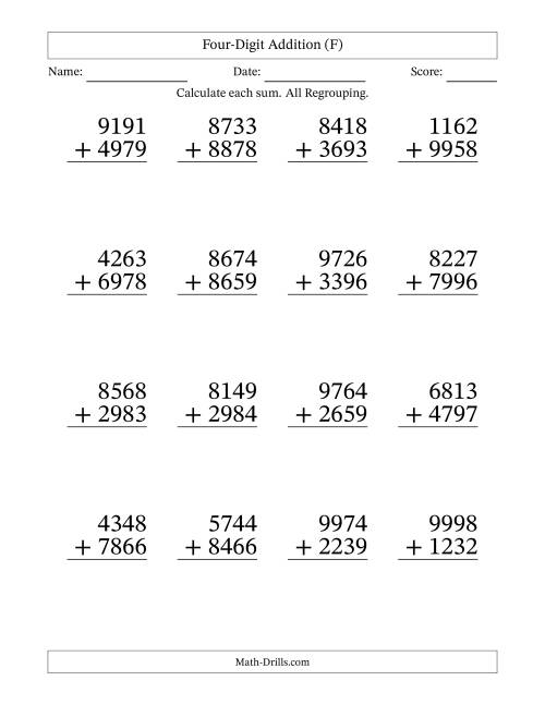 The Four-Digit Addition With All Regrouping – 16 Questions – Large Print (F) Math Worksheet