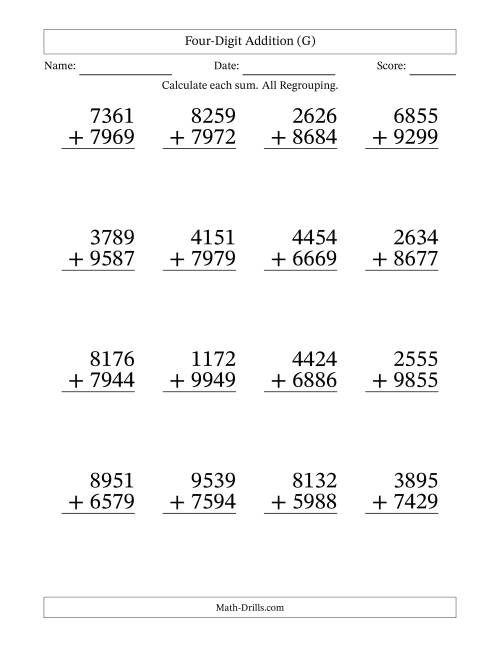 The Four-Digit Addition With All Regrouping – 16 Questions – Large Print (G) Math Worksheet