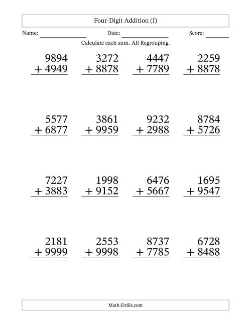 The Four-Digit Addition With All Regrouping – 16 Questions – Large Print (I) Math Worksheet