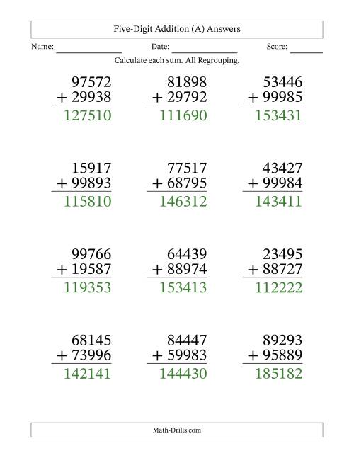 The Large Print 5-Digit Plus 5-Digit Addtion with ALL Regrouping (A) Math Worksheet Page 2