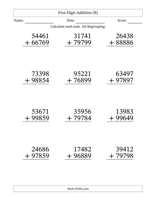 The Five-Digit Addition With All Regrouping – 12 Questions – Large Print (B) Math Worksheet