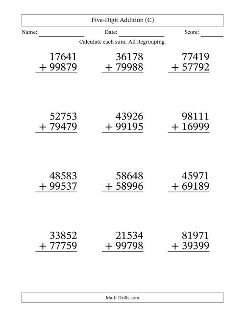 The Five-Digit Addition With All Regrouping – 12 Questions – Large Print (C) Math Worksheet