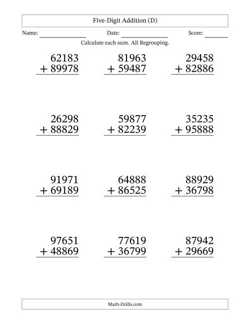 The Five-Digit Addition With All Regrouping – 12 Questions – Large Print (D) Math Worksheet