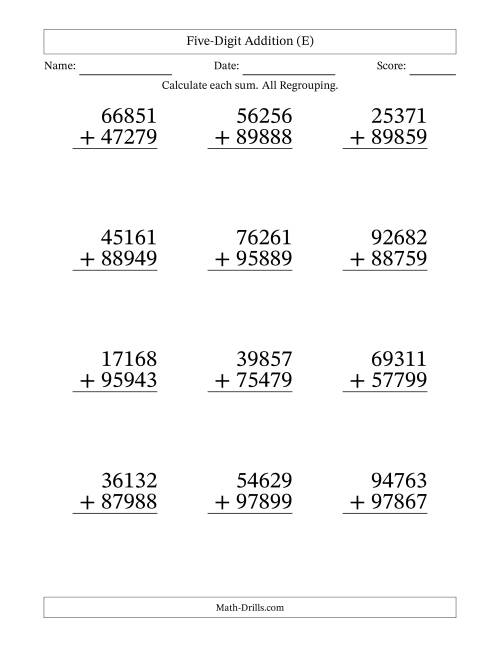 The Large Print 5-Digit Plus 5-Digit Addtion with ALL Regrouping (E) Math Worksheet