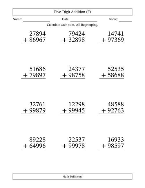 The Five-Digit Addition With All Regrouping – 12 Questions – Large Print (F) Math Worksheet