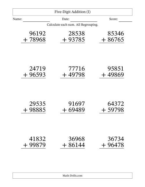 The Five-Digit Addition With All Regrouping – 12 Questions – Large Print (I) Math Worksheet