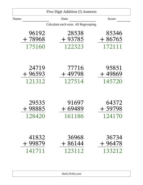 The Large Print 5-Digit Plus 5-Digit Addtion with ALL Regrouping (I) Math Worksheet Page 2