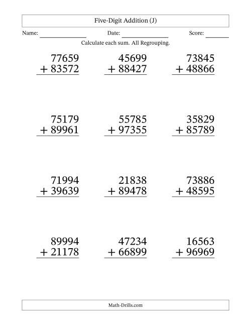 The Five-Digit Addition With All Regrouping – 12 Questions – Large Print (J) Math Worksheet