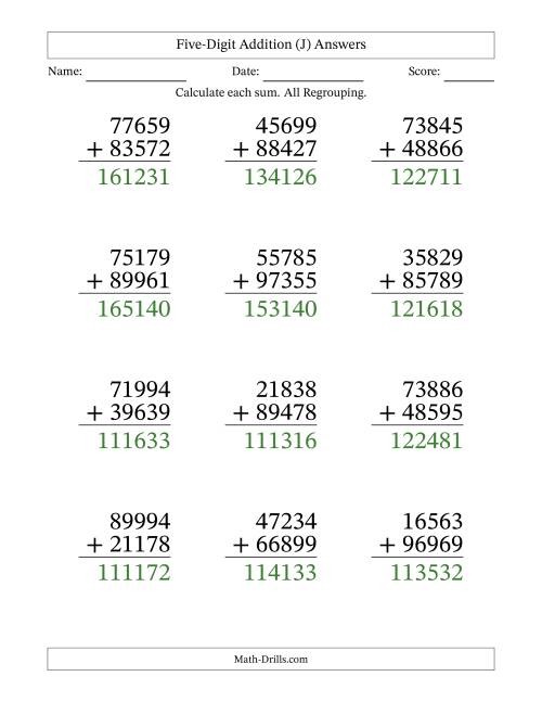 The Large Print 5-Digit Plus 5-Digit Addtion with ALL Regrouping (J) Math Worksheet Page 2