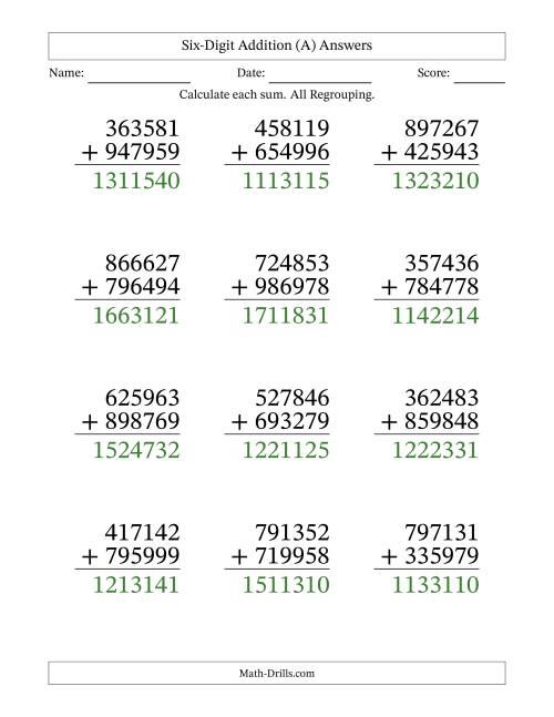The Large Print 6-Digit Plus 6-Digit Addtion with ALL Regrouping (A) Math Worksheet Page 2