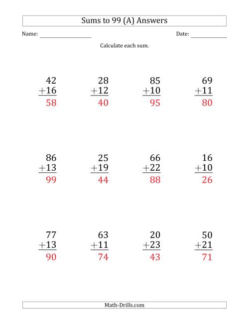 The Large Print - Adding 2-Digit Numbers with Sums up to 99 (12 Questions) (A) Math Worksheet Page 2