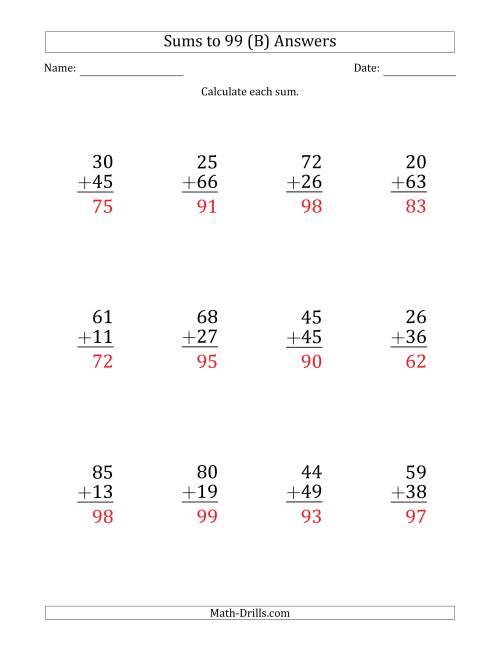 The Large Print - Adding 2-Digit Numbers with Sums up to 99 (12 Questions) (B) Math Worksheet Page 2