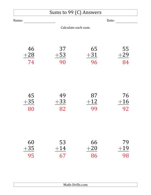 The Large Print - Adding 2-Digit Numbers with Sums up to 99 (12 Questions) (C) Math Worksheet Page 2