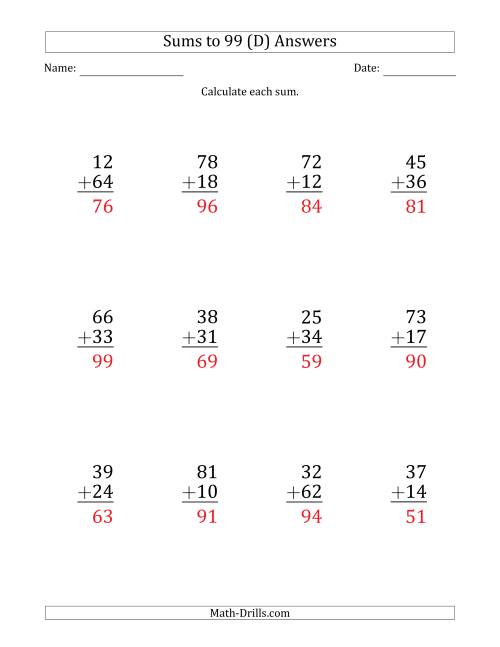 The Large Print - Adding 2-Digit Numbers with Sums up to 99 (12 Questions) (D) Math Worksheet Page 2