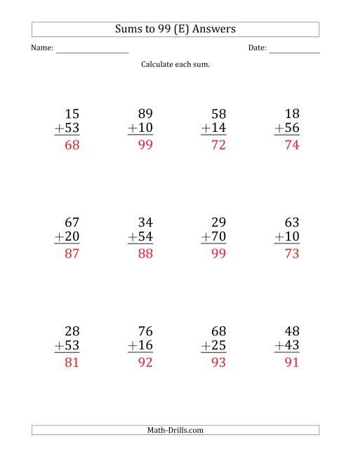 The Large Print - Adding 2-Digit Numbers with Sums up to 99 (12 Questions) (E) Math Worksheet Page 2