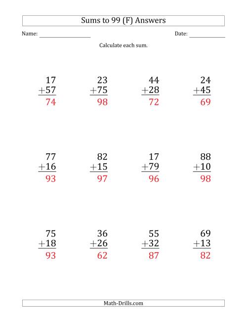 The Large Print - Adding 2-Digit Numbers with Sums up to 99 (12 Questions) (F) Math Worksheet Page 2