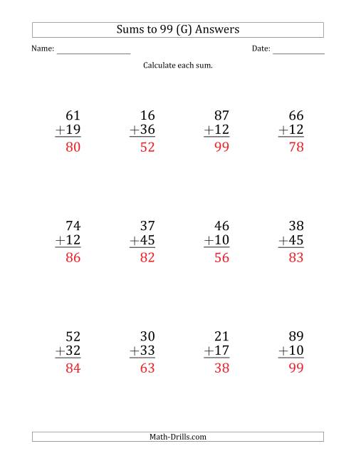 The Large Print - Adding 2-Digit Numbers with Sums up to 99 (12 Questions) (G) Math Worksheet Page 2