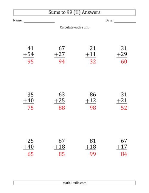 The Large Print - Adding 2-Digit Numbers with Sums up to 99 (12 Questions) (H) Math Worksheet Page 2
