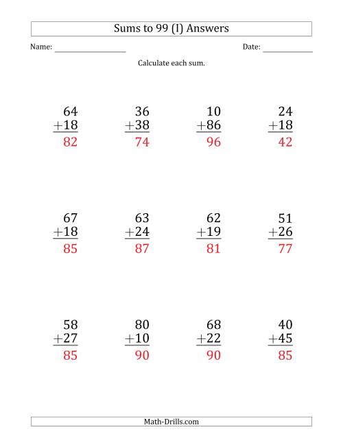 The Large Print - Adding 2-Digit Numbers with Sums up to 99 (12 Questions) (I) Math Worksheet Page 2