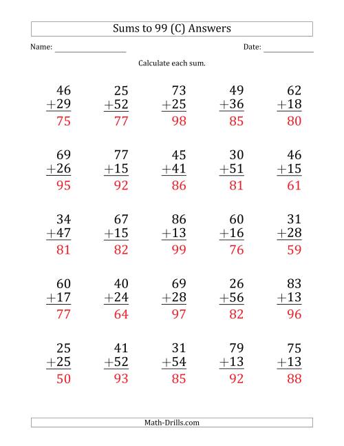 The Large Print - Adding 2-Digit Numbers with Sums up to 99 (25 Questions) (C) Math Worksheet Page 2