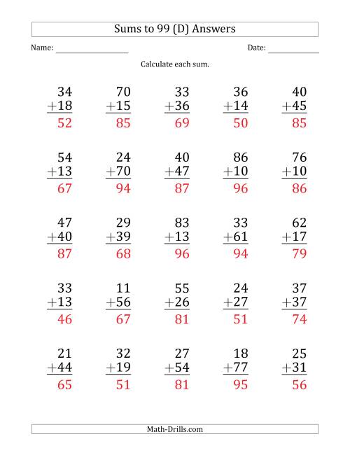 The Large Print - Adding 2-Digit Numbers with Sums up to 99 (25 Questions) (D) Math Worksheet Page 2