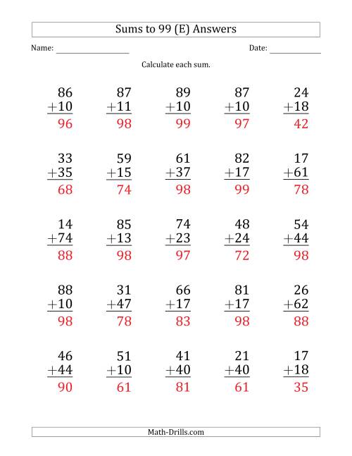 The Large Print - Adding 2-Digit Numbers with Sums up to 99 (25 Questions) (E) Math Worksheet Page 2