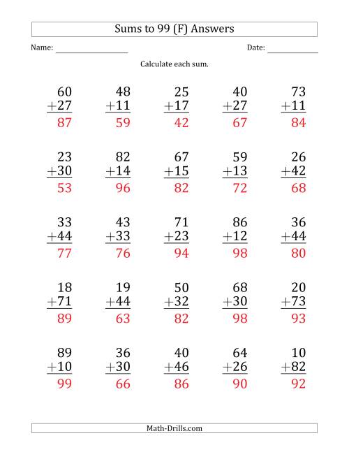 The Large Print - Adding 2-Digit Numbers with Sums up to 99 (25 Questions) (F) Math Worksheet Page 2
