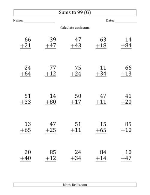 The Large Print - Adding 2-Digit Numbers with Sums up to 99 (25 Questions) (G) Math Worksheet