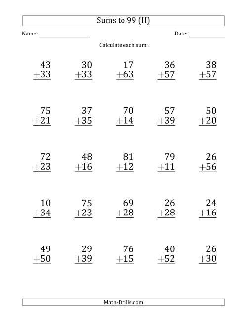 The Large Print - Adding 2-Digit Numbers with Sums up to 99 (25 Questions) (H) Math Worksheet