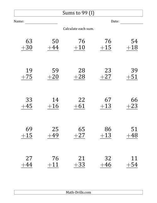 The Large Print - Adding 2-Digit Numbers with Sums up to 99 (25 Questions) (I) Math Worksheet