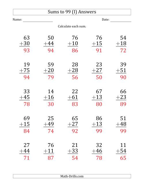 The Large Print - Adding 2-Digit Numbers with Sums up to 99 (25 Questions) (I) Math Worksheet Page 2