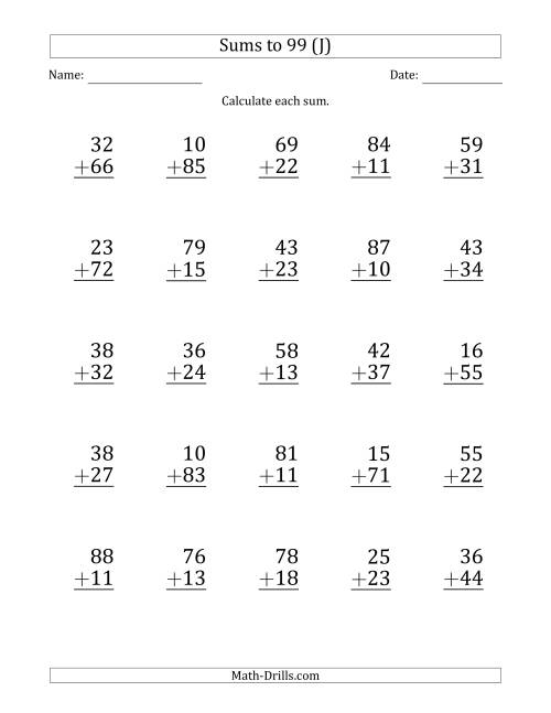 The Large Print - Adding 2-Digit Numbers with Sums up to 99 (25 Questions) (J) Math Worksheet