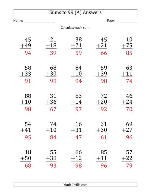 The Large Print - Adding 2-Digit Numbers with Sums up to 99 (25 Questions) (All) Math Worksheet Page 2