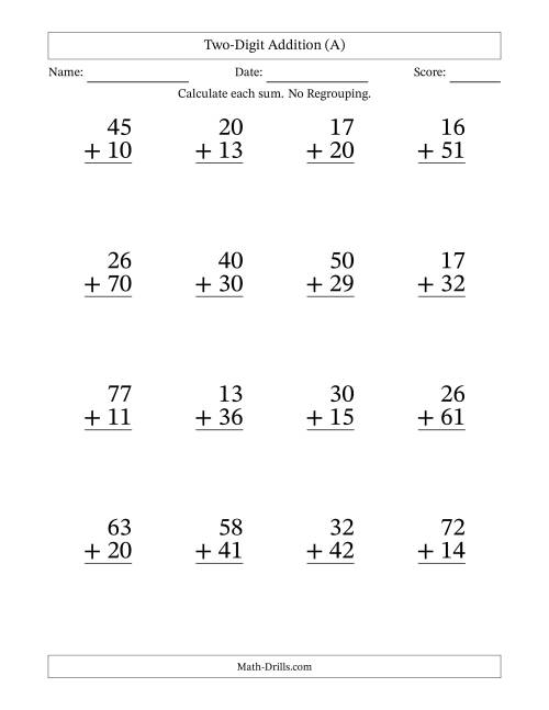 The Large Print 2-Digit Plus 2-Digit Addition with NO Regrouping (A) Math Worksheet